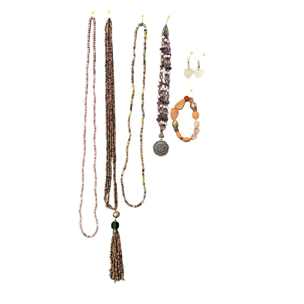 Beaded Jewelry Tassel Necklace Heart Earrings Stretch Bracelet 80/90's 6 pieces